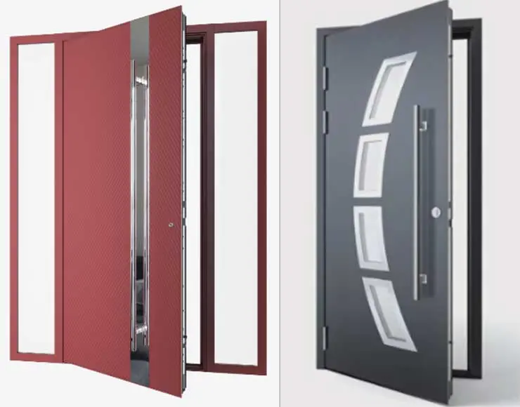 Варианты дизайна дверей Werker: серия TermoPlus — из стекла и металла и Textura — из HPL панелей с разнообразной фактурой