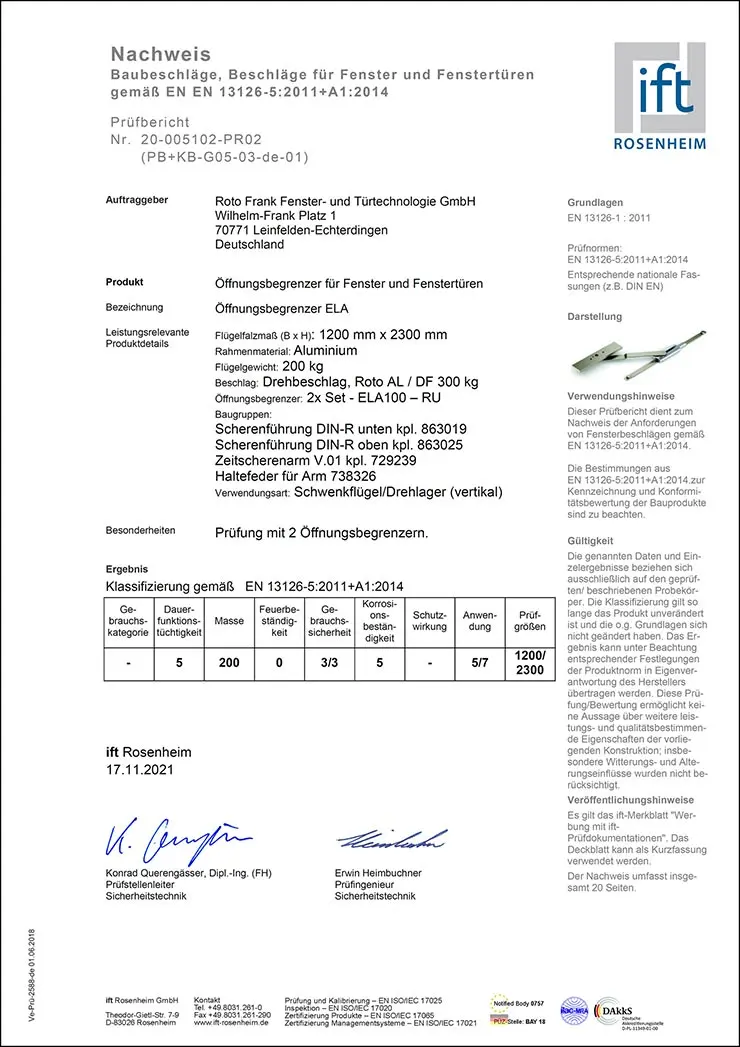 Специальный ограничитель открывания Roto получил сертификат DIN EN 13126-5